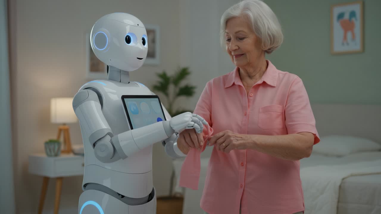 A Friendly Interaction between an Advanced Robot and an Elderly Woman, Showcasing Technology's Role in Enhancing Daily Routines and Companionship in Modern Life