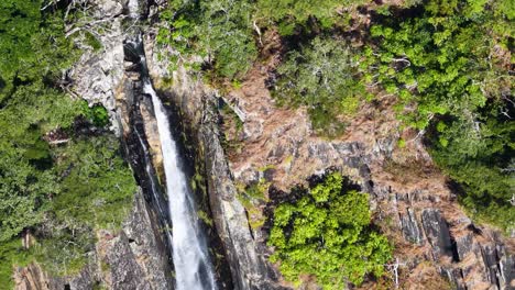 Drone captures a stunning waterfall cascading through dense greenery in Port Douglas, Australia, under bright natural light