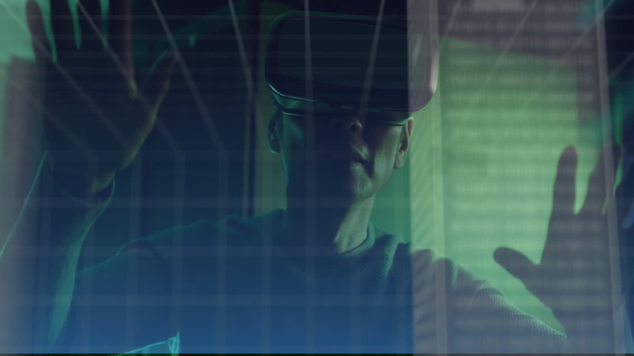 클라우드, 그리드 및 데이터 프로세싱의 애니메이션 (asian man in vr 헤드)