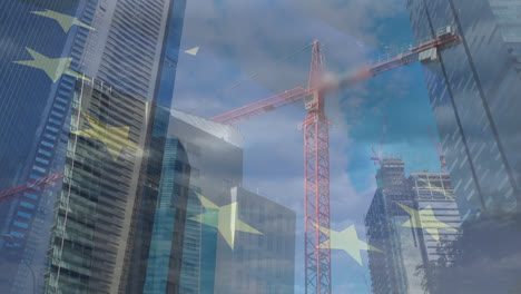 Animation-of-european-union-flag-over-office-buildings