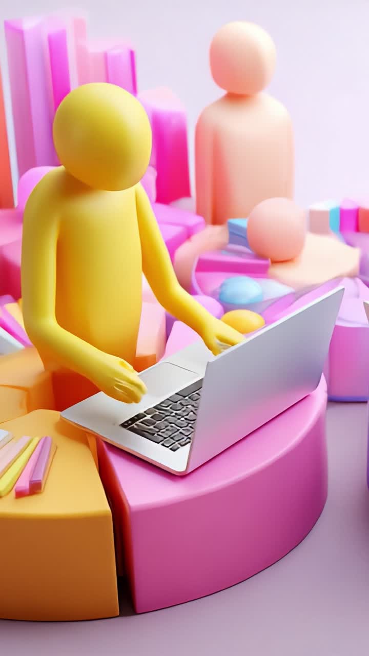 Colorful plastic figures engaged in digital tasks, illustrating teamwork and collaboration around a laptop amidst vibrant geometric shapes and playful colors