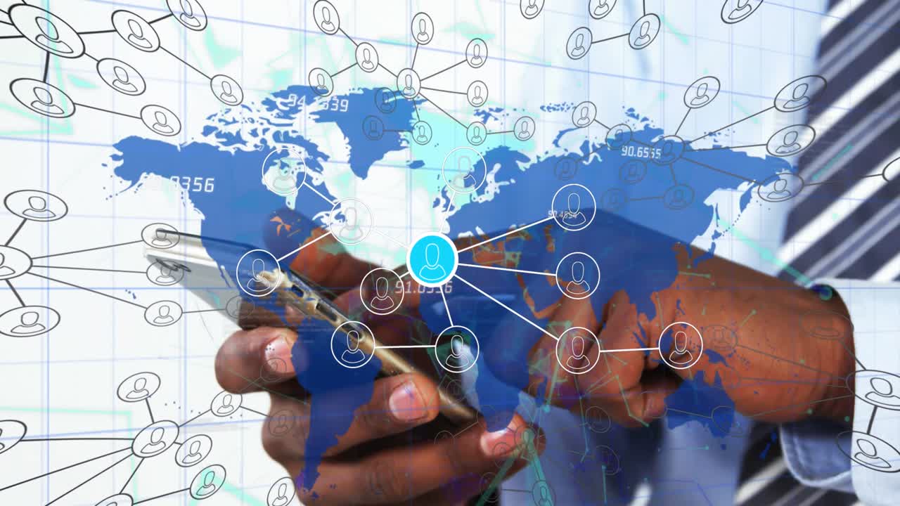 Animation of network of connections with people icons over biracial businessman using smartphone