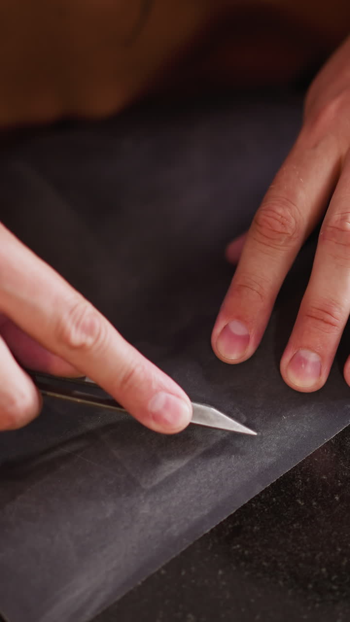 Worker sharpens small cutter with sandpaper on table in workshop close upper view. Master prepares instrument in studio. Knife for leather cutting