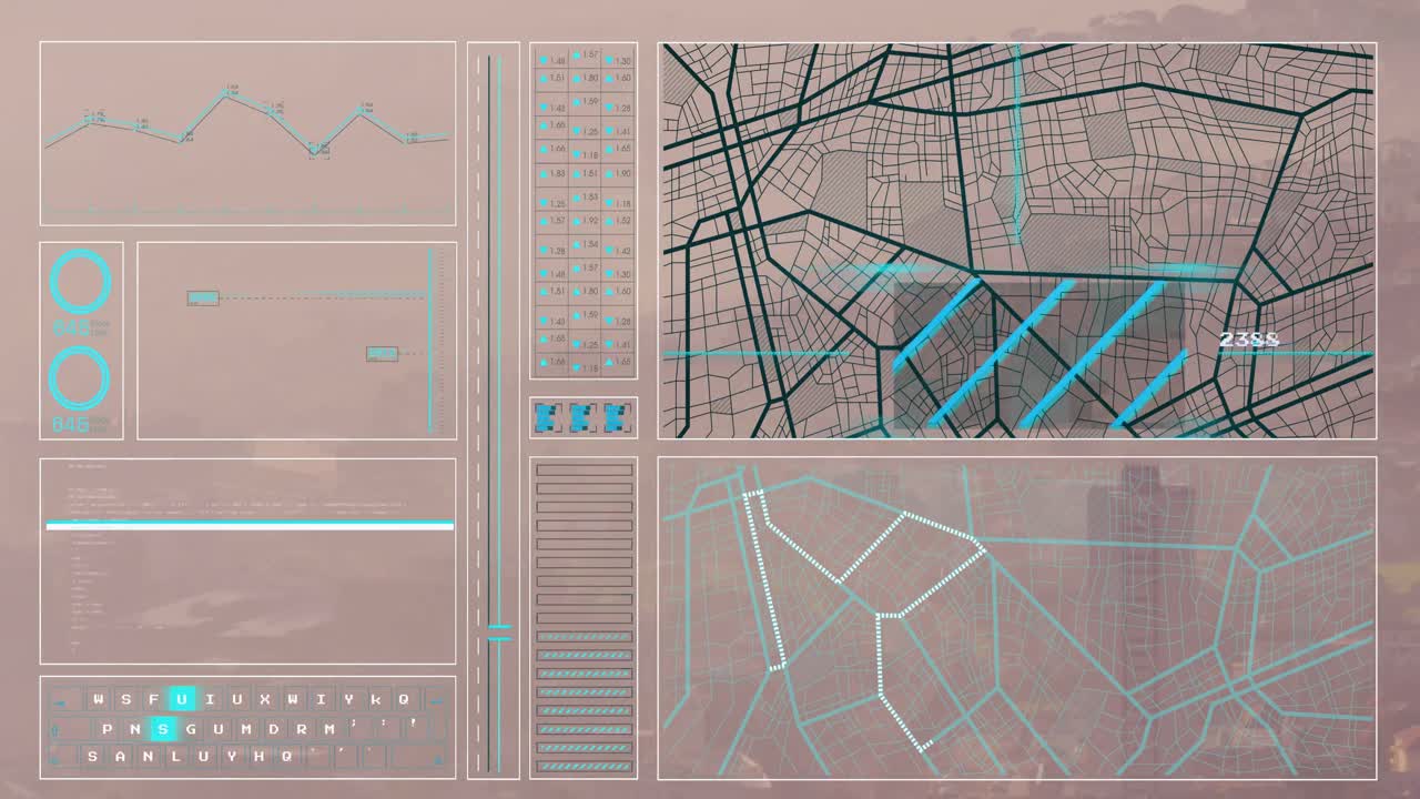 Animation of graph, loading circles, bars, navigation pattern and computer language over modern city