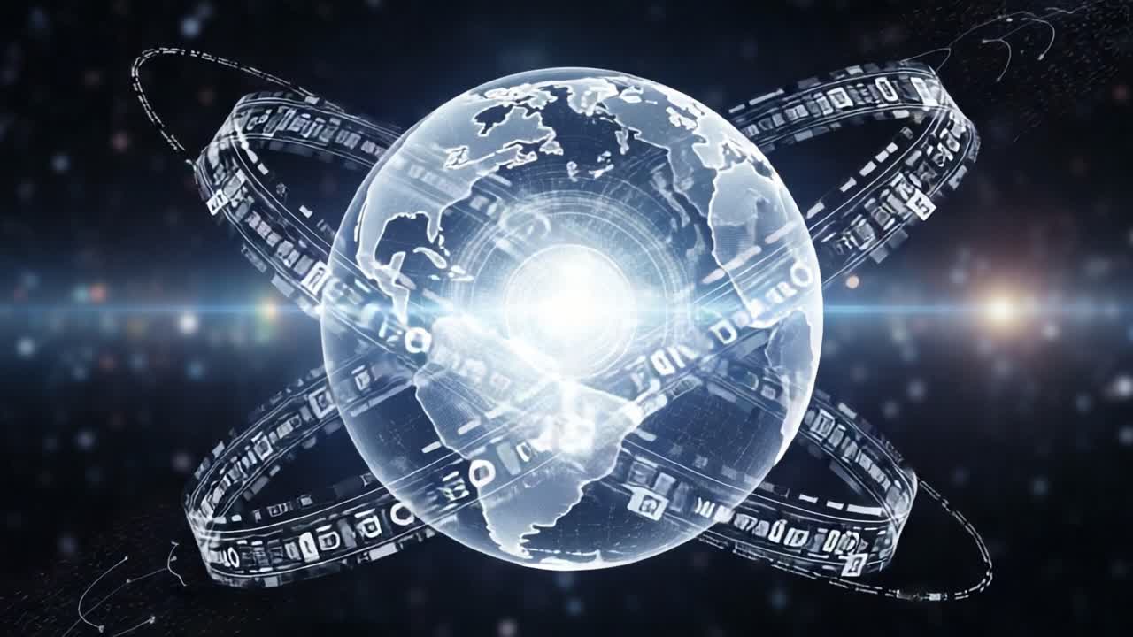 Glowing Earth Surrounded by Digital Orbits: A Futuristic Visualization of Global Connectivity and Technology in a Cosmic Setting