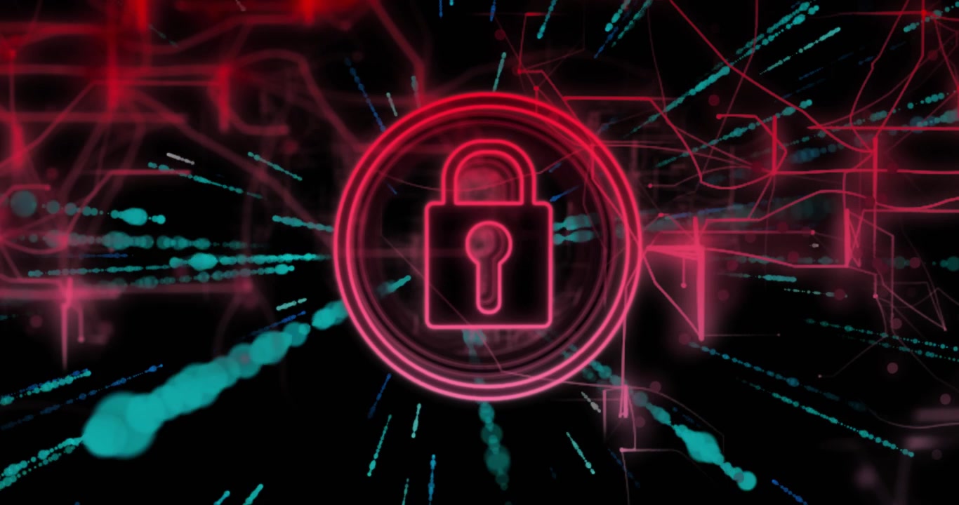 Un cerchio che appare, avviando un lucchetto al neon, con linee pulsanti che tracciano e flussi di dati che irradiano sicurezza.