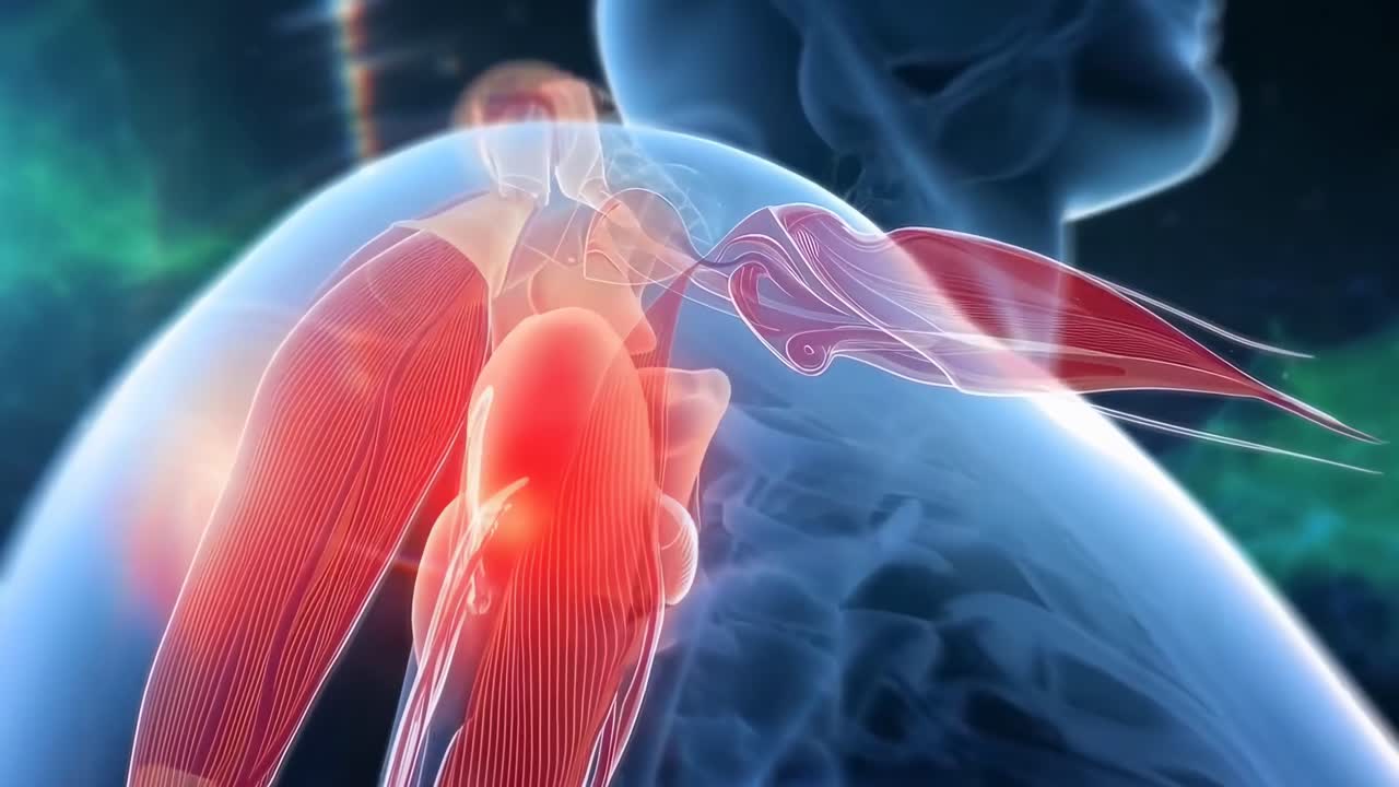 Un concetto video medico 3D che mostra un'articolazione della spalla dolorante, angolata lateralmente.