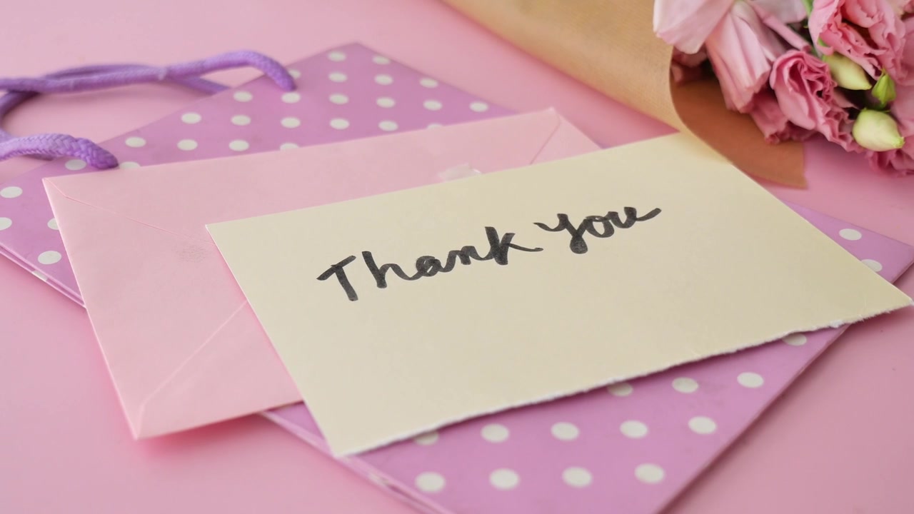 Thank You Note with Pink Gift Bag and Flowers