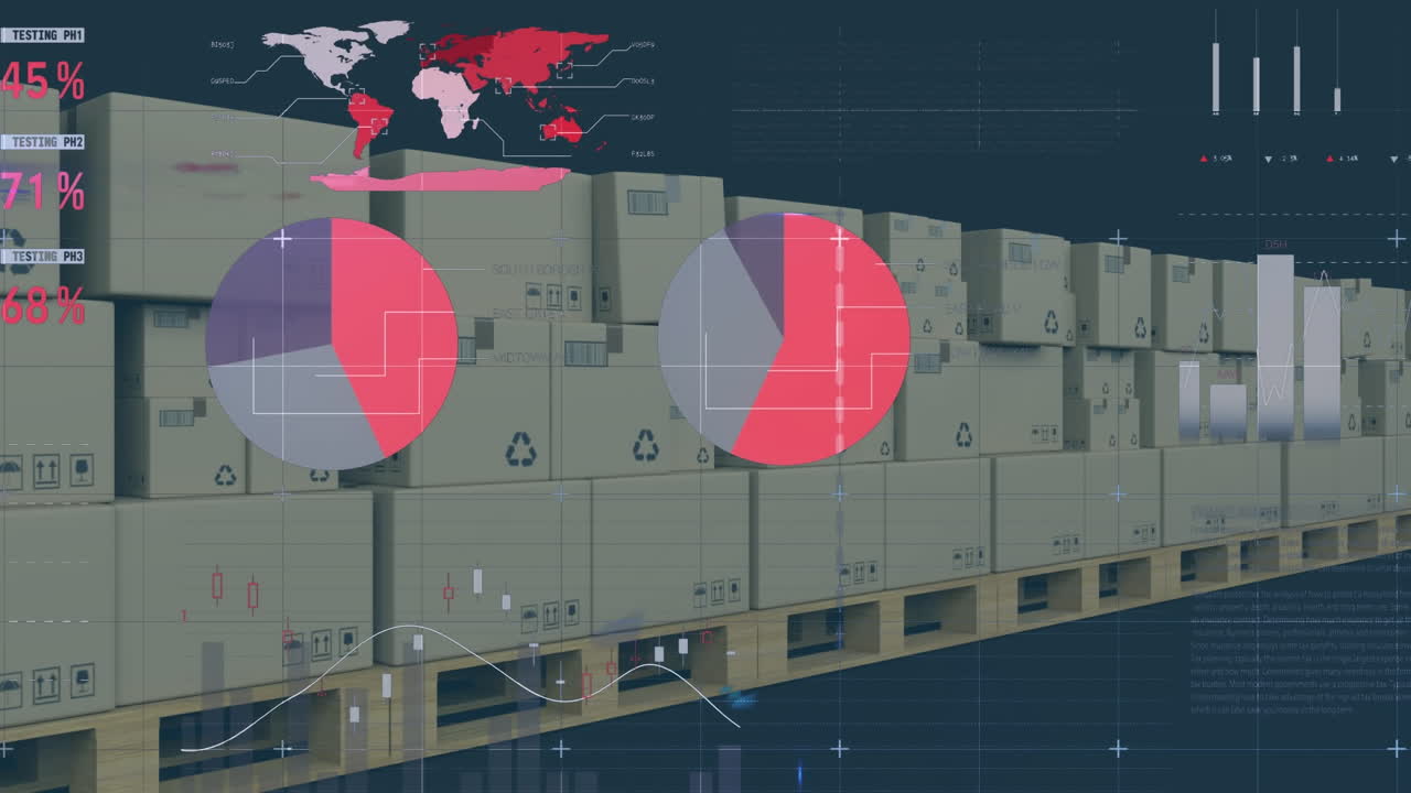 procesamiento de datos estadísticos contra múltiples cajas en la cinta transportadora contra un fondo azul