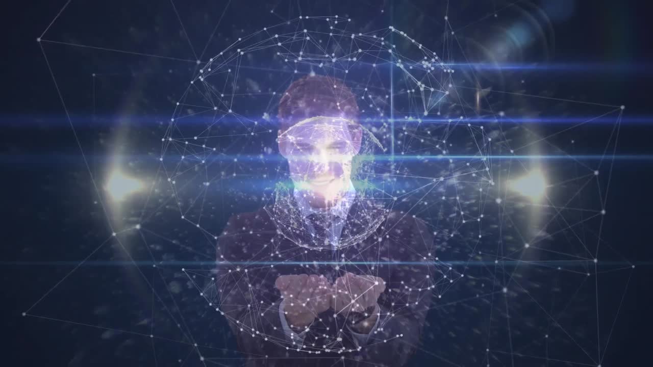 Animation of Caucasian man presenting 3D globe model with network connections on black background