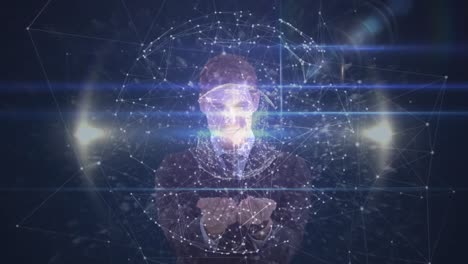 animation of caucasian man presenting 3d globe model with network connections on black background