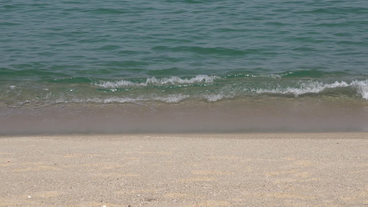 한국 강릉의 백사장을 씻는 거품 파도 - 클로즈업