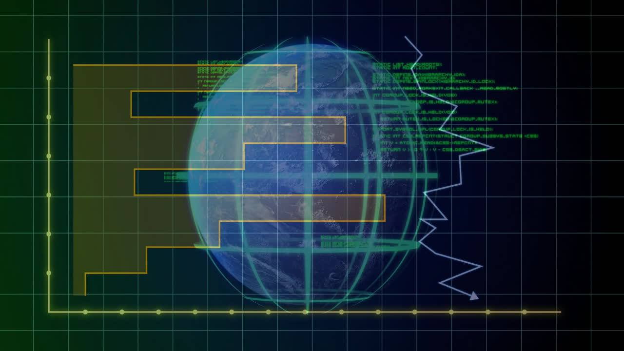 Animation of digital data processing over globe on black background