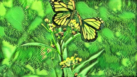 Artistic-foliage-green-yellow-painted-color-animation-of-butterflies-flying-over-plant