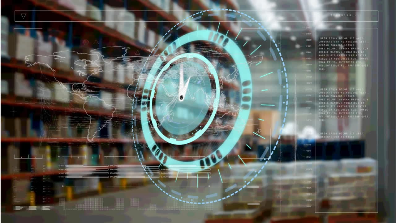 Animation af ur og databehandling over hylder på et lager.