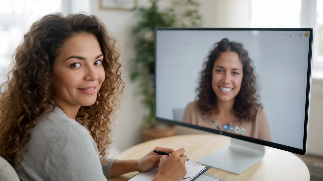 Joining call woman wearing gray sweater home desk, holding pen on notebook glancing at monitor