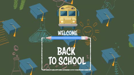 animation of welcome back to school text over school items icons on green background