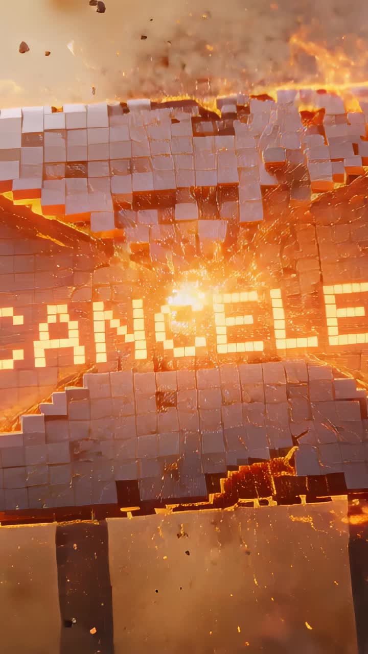 Vertical video: Cracking pixel X-shape erupting from core flare in amber haze, showing CANCELE text