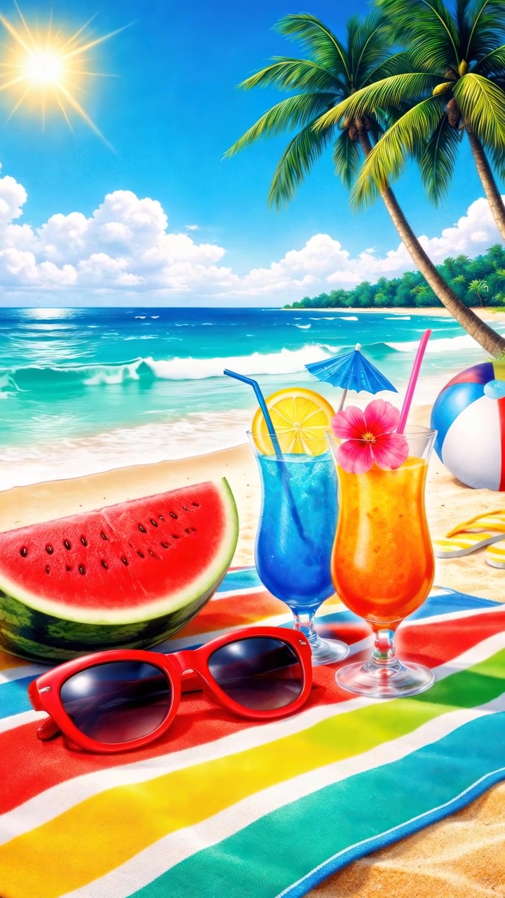 Cena Vibrante de Praia Tropical com Coquetéis e Melancia