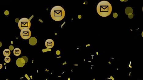 Animation-of-yellow-spots-and-golden-coffetti-falling-over-multiple-message-icons-floating