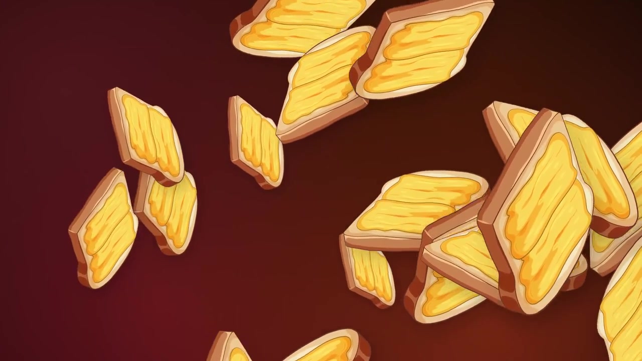 Stylized 3D buttered toast slices fall and rotate through a dark red gradient background.