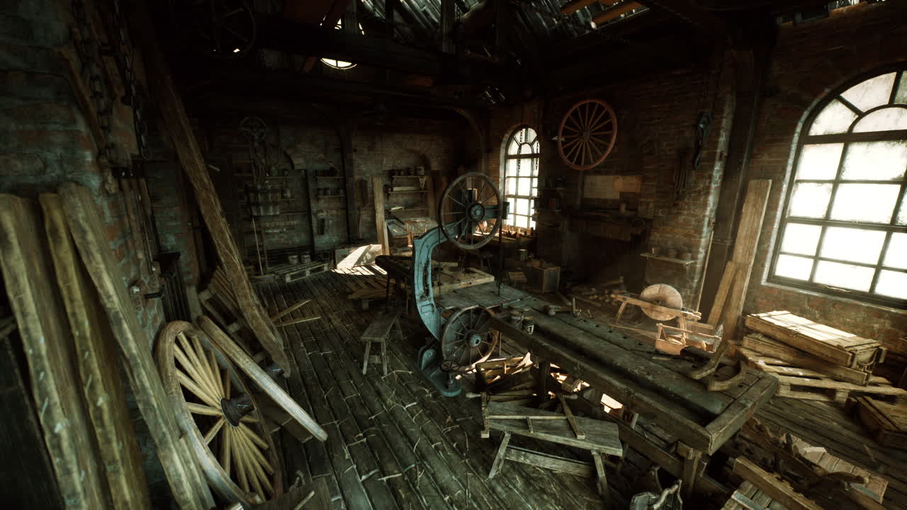 Old carpentry workshop filled with vintage tools and wooden materials