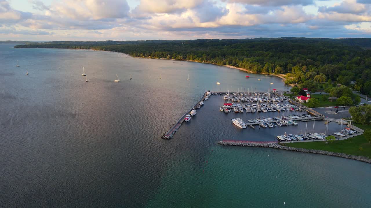 Beautiful marina with docked yachts in Northport, Michigan, USA, aerial view