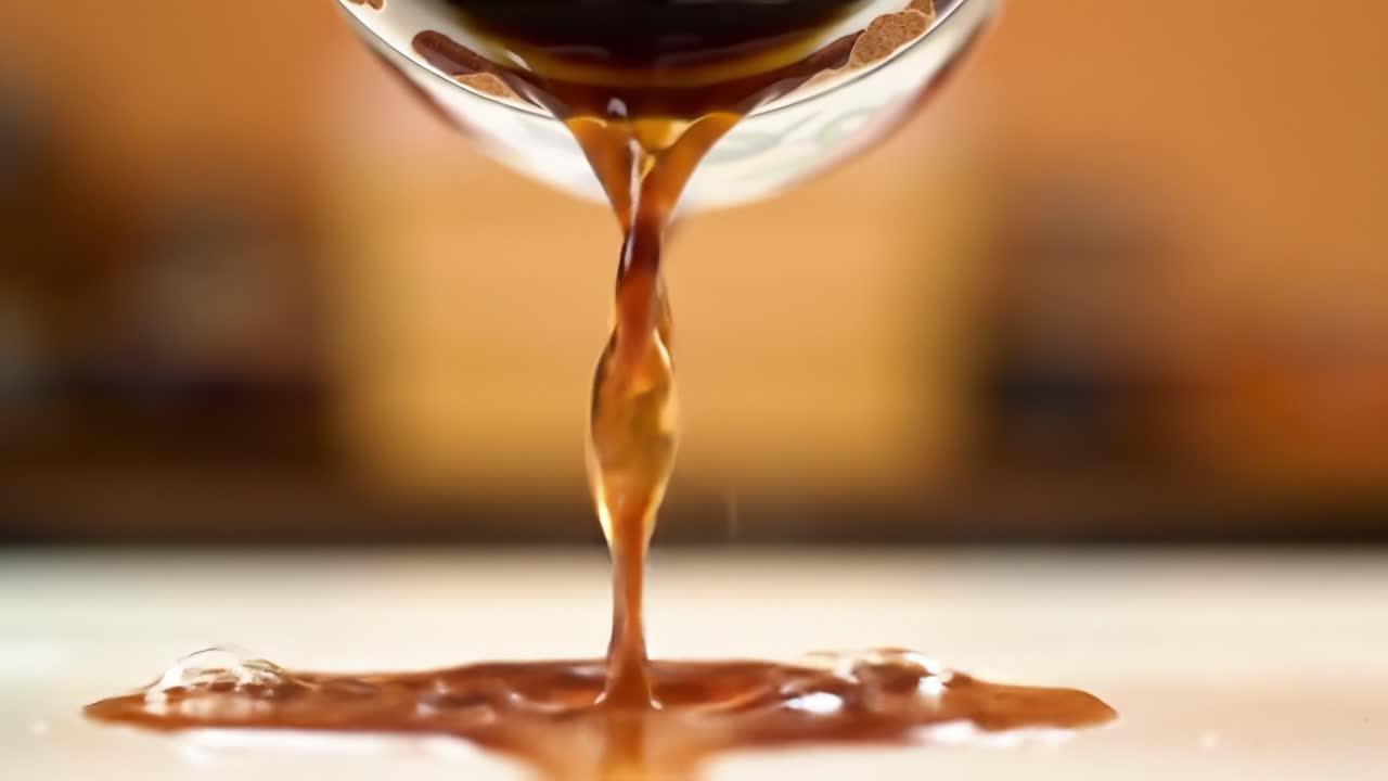 A Close-Up Exploration of Dripping Liquid from a Delicately Designed Glass, Capturing the Beauty of the Movement and the Reflections on the Surface Below