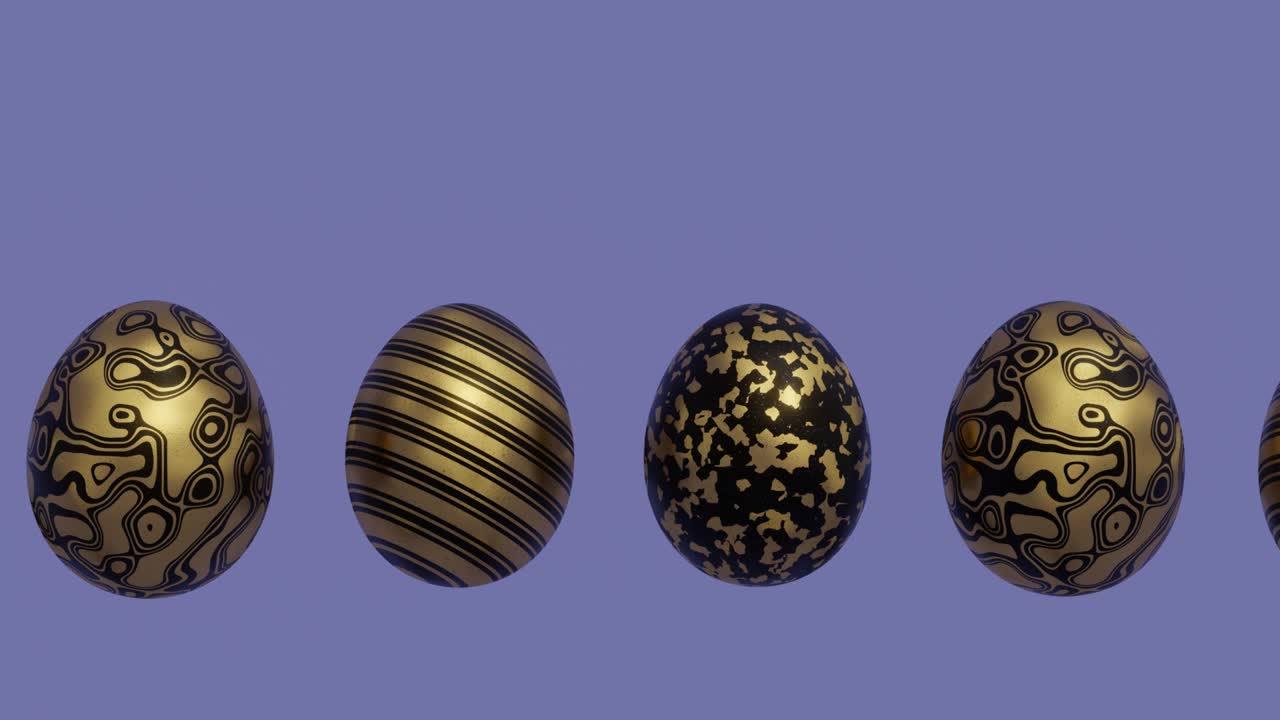 Easter eggs with abstract golden pattern on a violet background. Endless 3d render holiday concept animation. Seamless loop Easter background