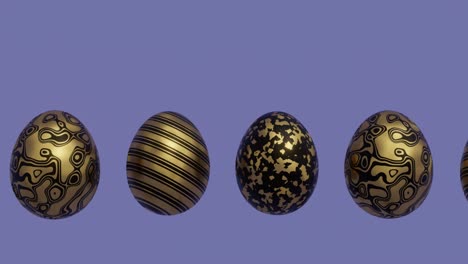 easter eggs with abstract golden pattern on a violet background. endless 3d render holiday concept animation. seamless loop easter background