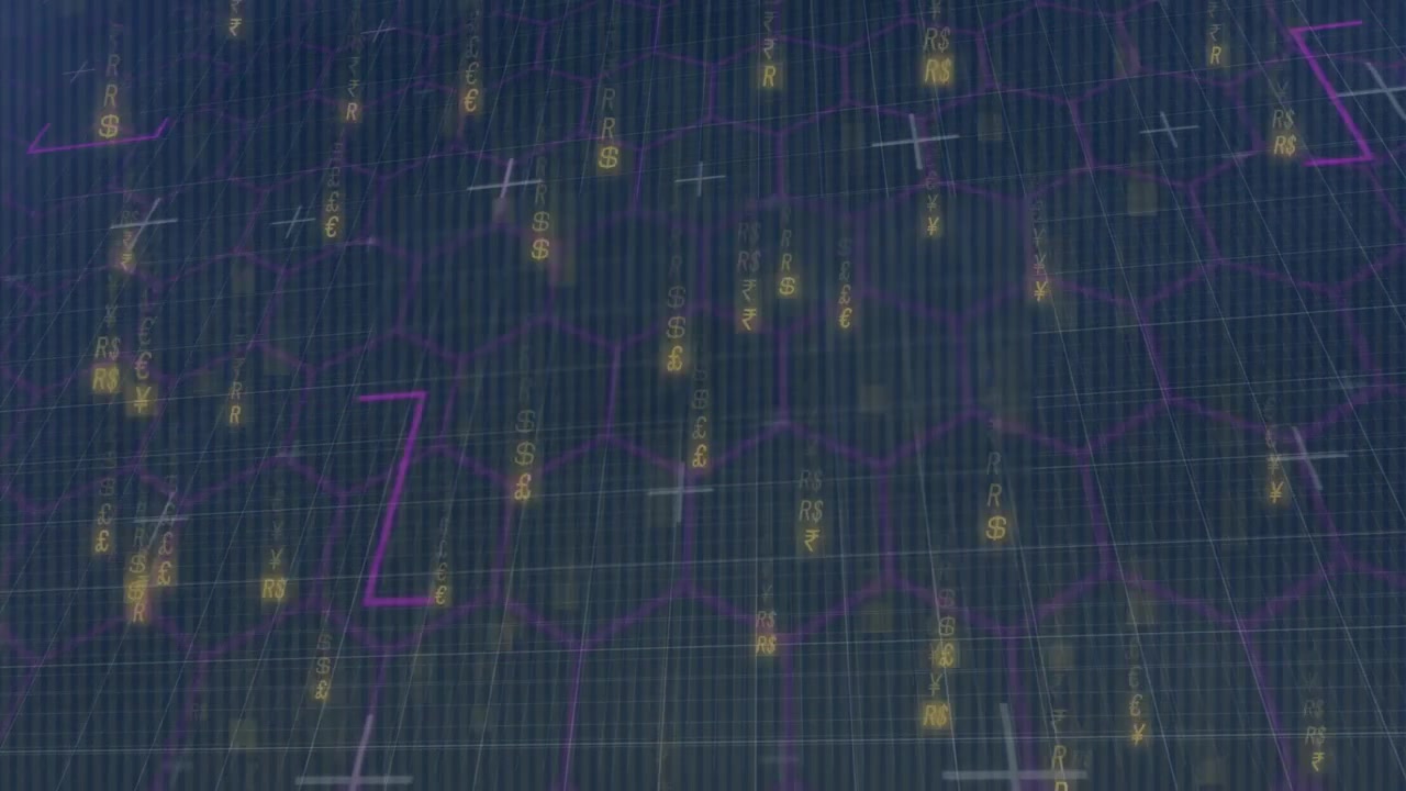 3D render showing falling currency symbols over blue grid with purple hexagon mesh and charts