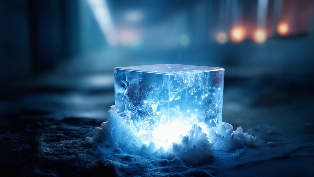 Um cubo de gelo brilhante cercado por luz e névoa etéreas em um ambiente com pouca luz, capturando o encanto do gelo e a mística da atmosfera