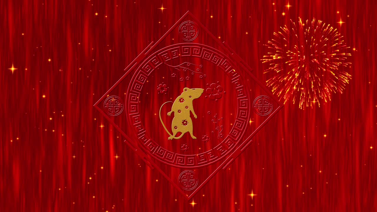 año nuevo lunar, fondo del festival de primavera con rata dorada, fuegos artificiales, estrellas relucientes. animación del año nuevo chino para el evento de vacaciones. renderización 3d de bucle sin costuras 4k video