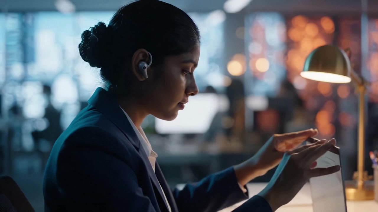 Focused Professional in Modern Office Working Intently on Laptop with Earbuds While Surrounded by a Dynamic and Contemporary Office Environment