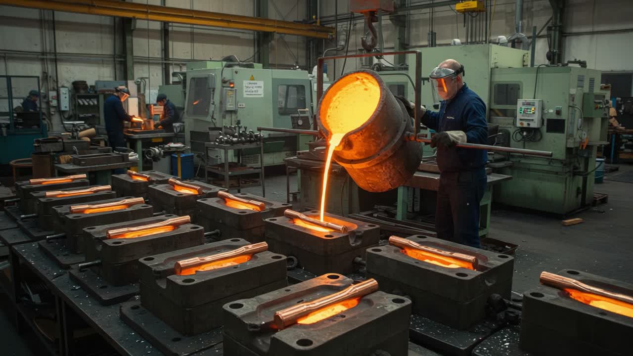 Kvalificerade arbetare som utför precisionsmetallgjutning med smält metall som hälls i formar i en välutrustad fabriksmiljö