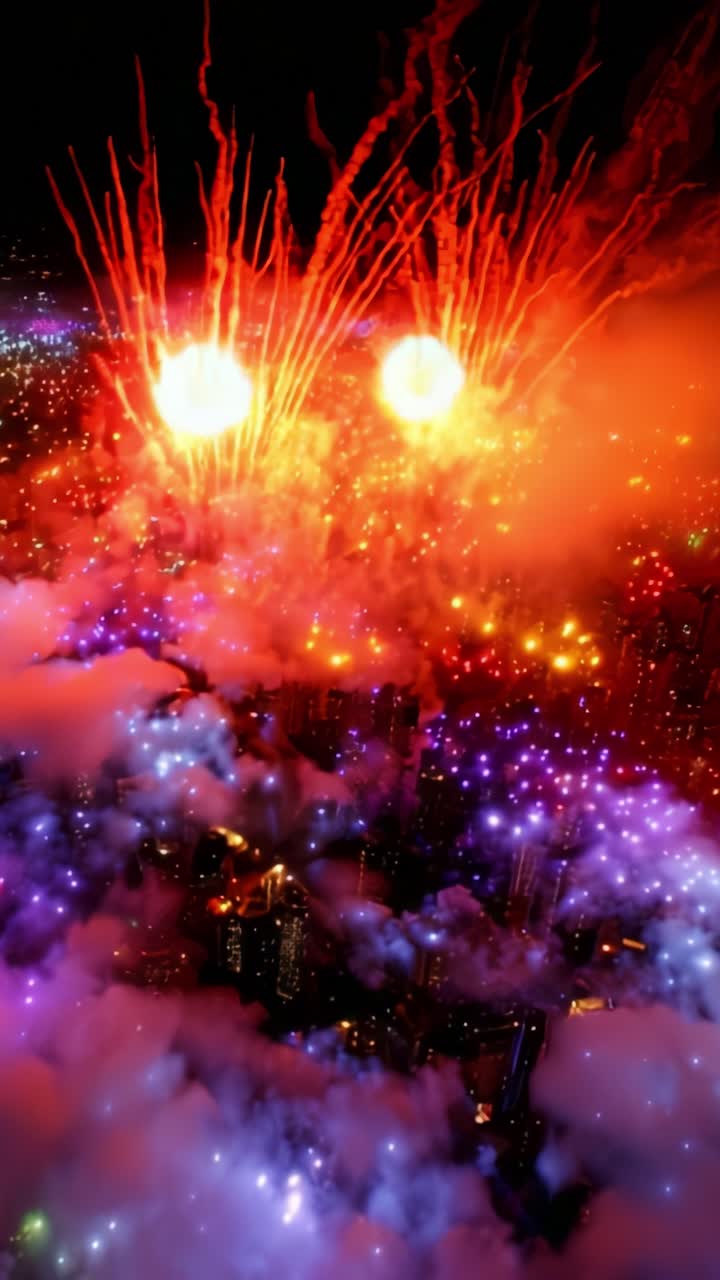 Esplosione di fuochi d'artificio sopra un cielo notturno colorato con nuvole illuminate e luci abbaglianti della città, creando uno spettacolo mozzafiato di colore e luce