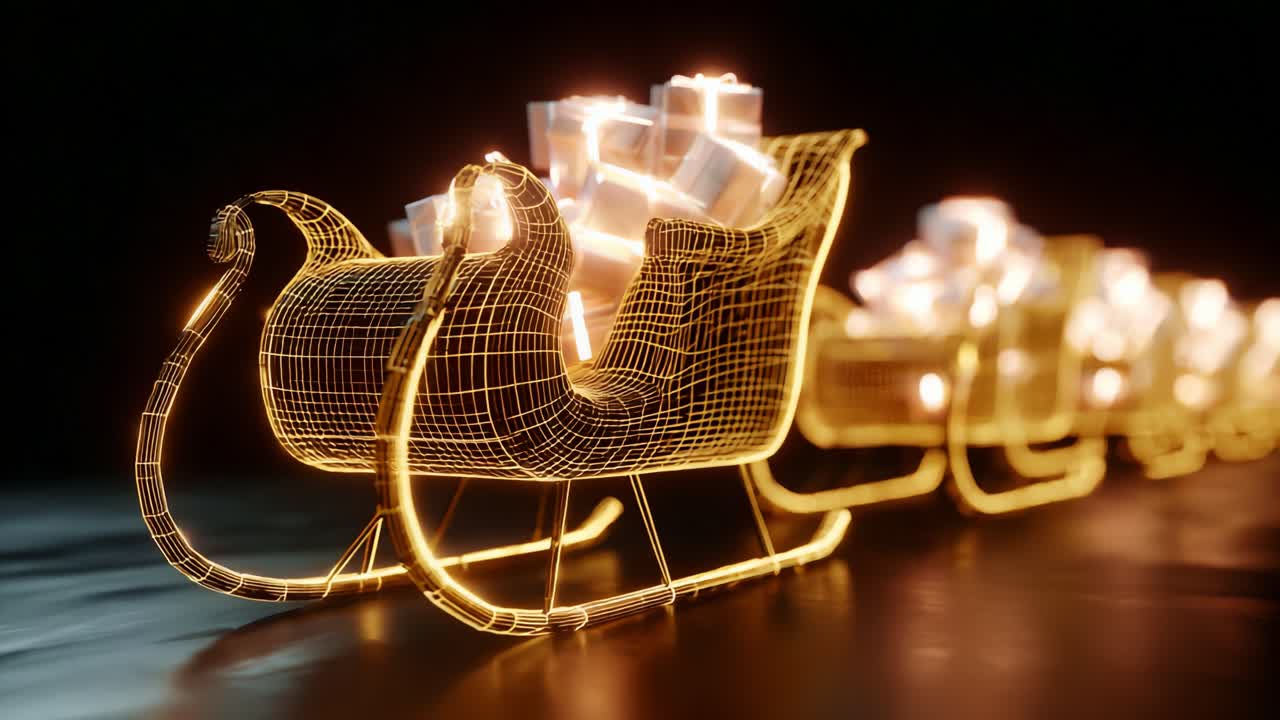 A captivating golden wireframe sleigh filled with beautifully wrapped gifts sits against a dark backdrop, evoking a sense of holiday cheer and excitement that lights up the festive season's atmosphere