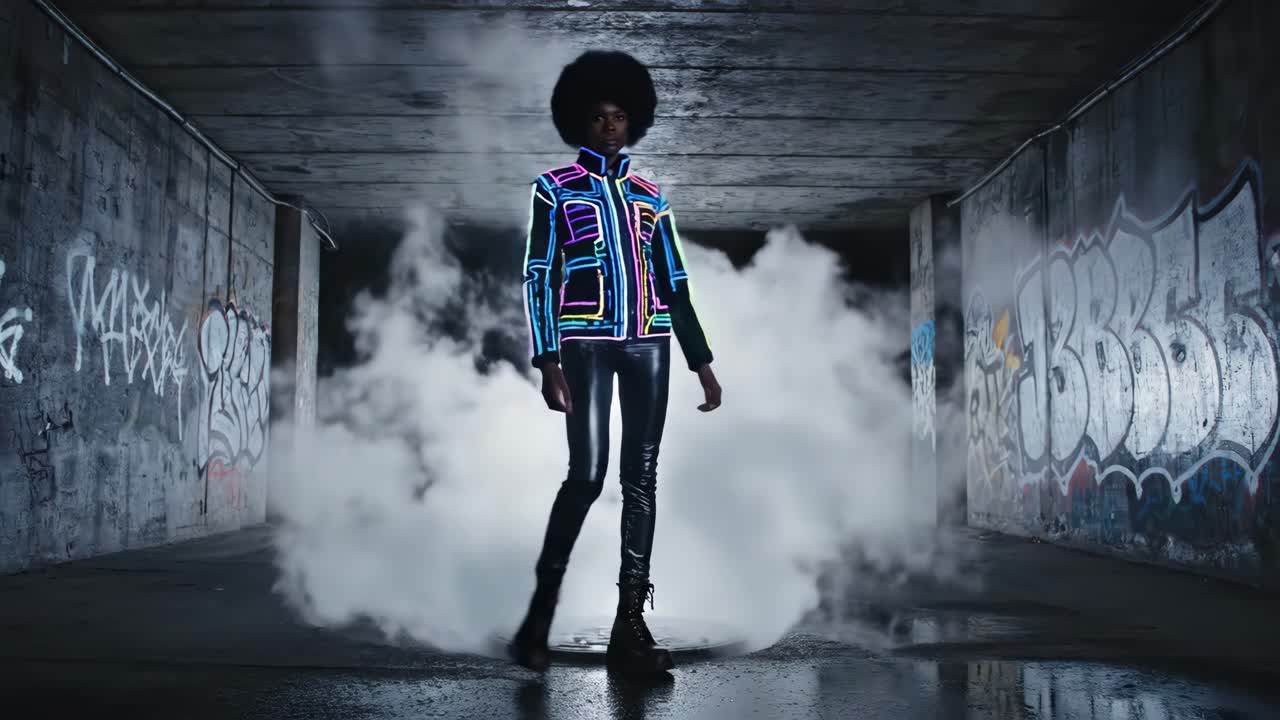 Neon Fashion in Urban Tunnel