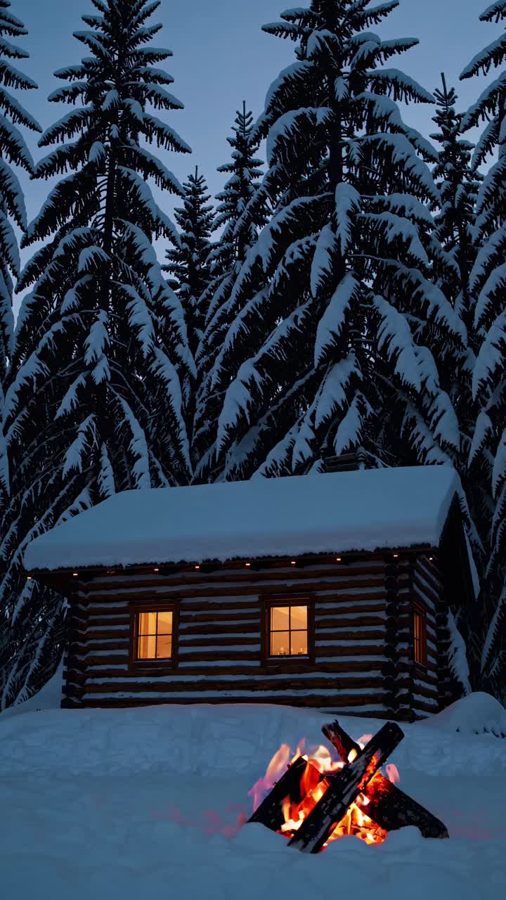 A cozy cabin in snowy woods at dusk, with a warm fire in the foreground