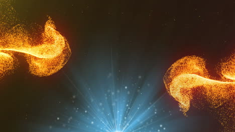 ondas de partículas anaranjadas sobre haces de luz blanca y estrellas fugaces sobre fondo negro
