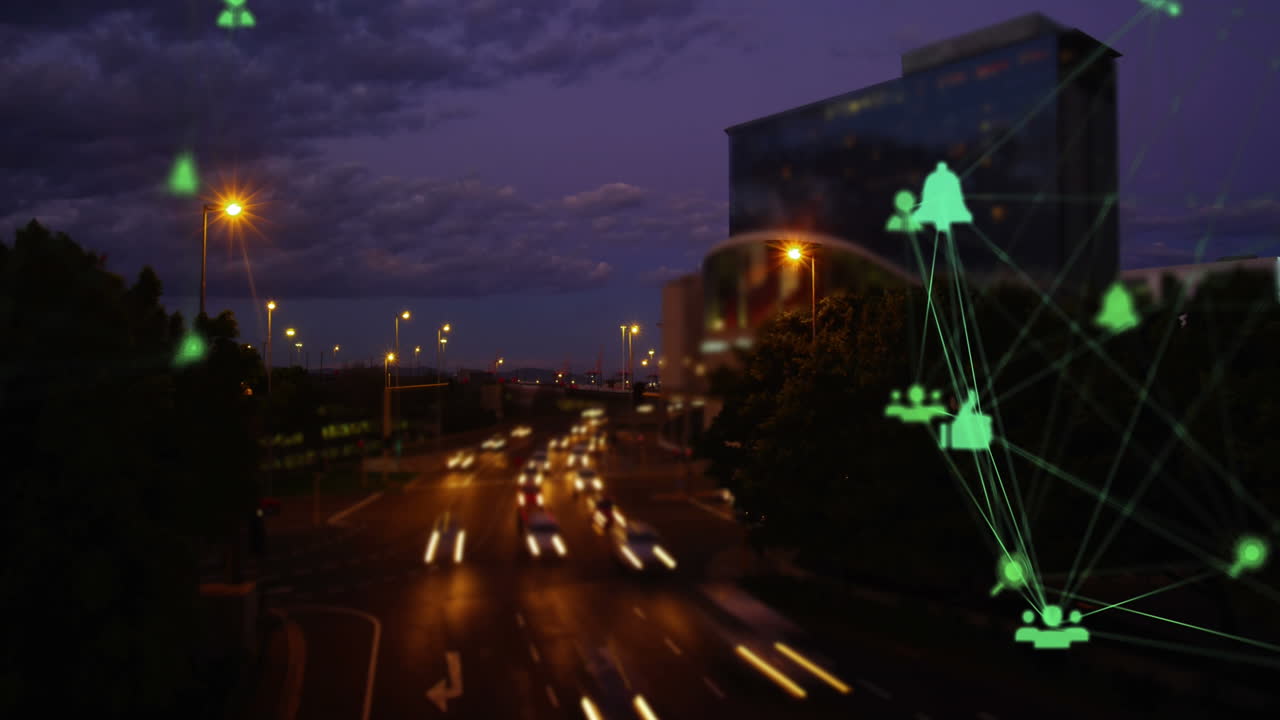 animación de la red de conexión e iconos sobre el paisaje urbano