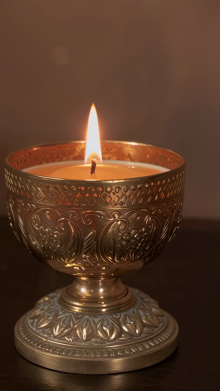 Vertical video: Burning ornate chalice candle, flame rising then calming at home, casting warm glow