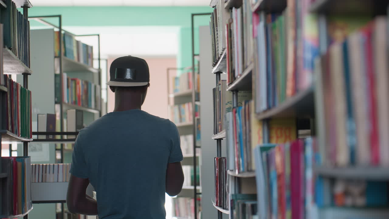 Back view of man in casual clothing wearing cap walking through library aisle between tall bookshelves filled with colorful books, exploring and browsing titles under soft indoor lighting