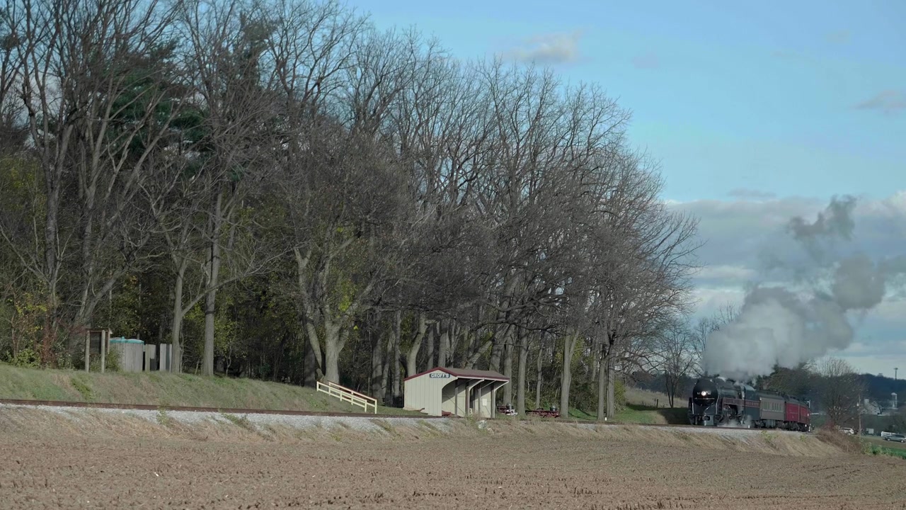 Un treno passa attraverso un sereno paesaggio di campagna, dove gli alberi incorniciano il panorama e il cielo ospita nuvole sparse. La scena cattura la tranquillità della natura lungo le ferrovie