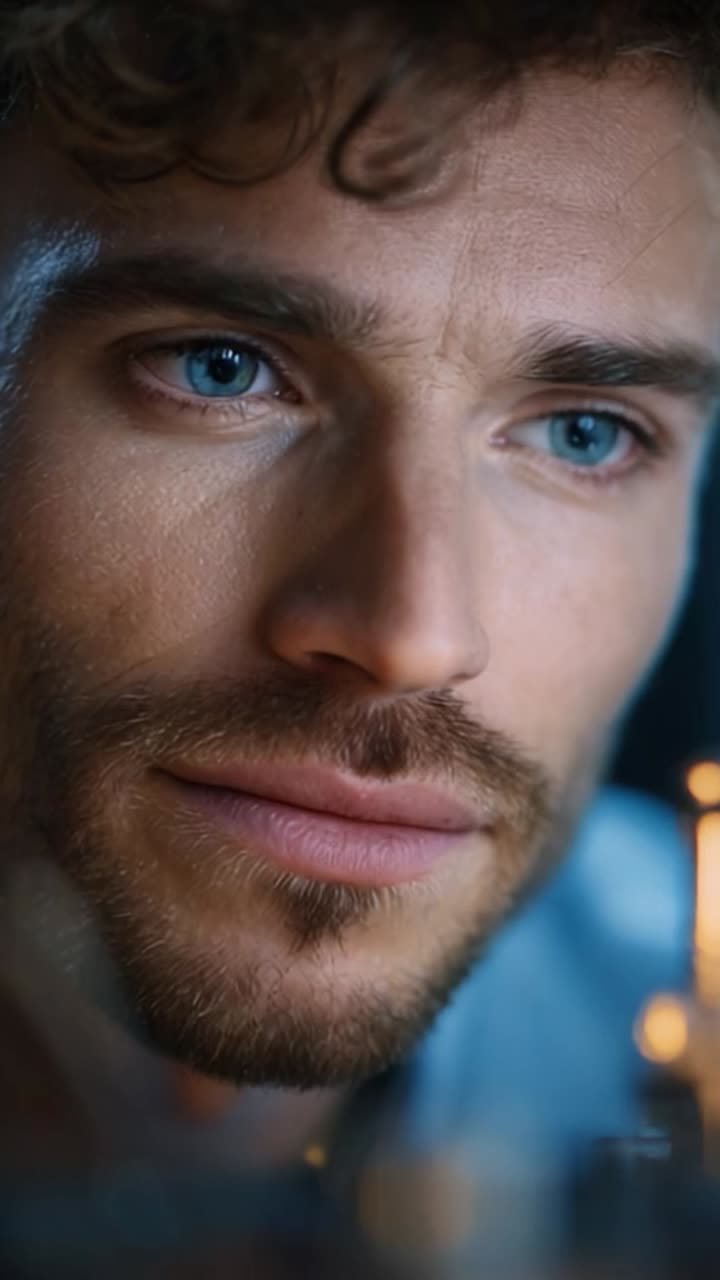 Close-up Portrait of a Thoughtful Man with Striking Blue Eyes and Curly Hair, Captured in a Thoughtful Moment, Showcasing Emotions and Intriguing Expressions