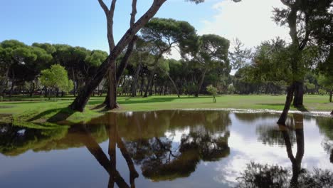 Public-golf-course-in-urban-area-flooded-after-cold-drop,-Mediterranean-Europe