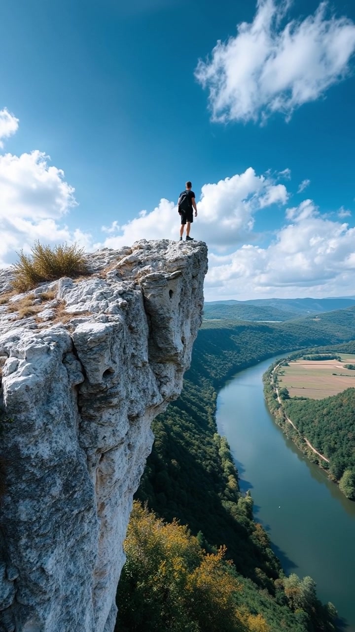 Excursionista con mochila de pie al borde de un acantilado alto con vistas a un río serpenteante.
