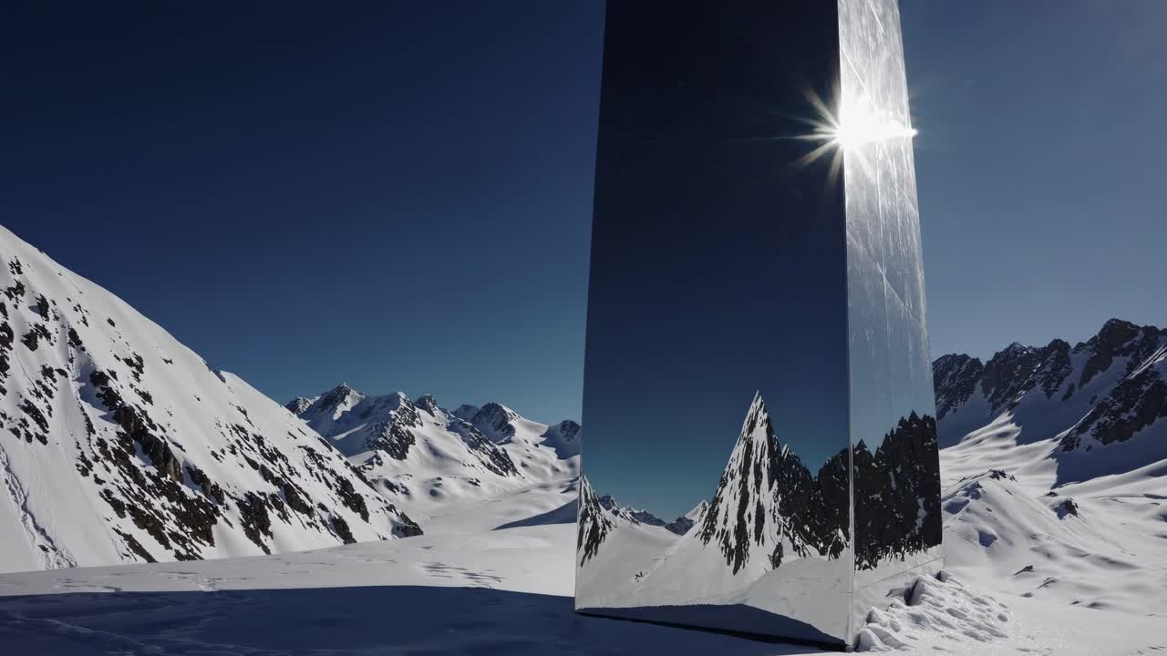 A striking video still of a reflective monolith in snowy mountains, captured from a low angle