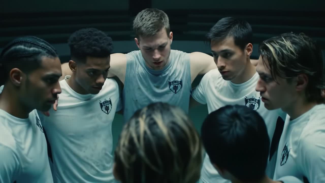 A group of athletes gathers in a dimly lit gymnasium, sharing strategy and motivation before an important match. The atmosphere is focused and intense as they prepare for competition.