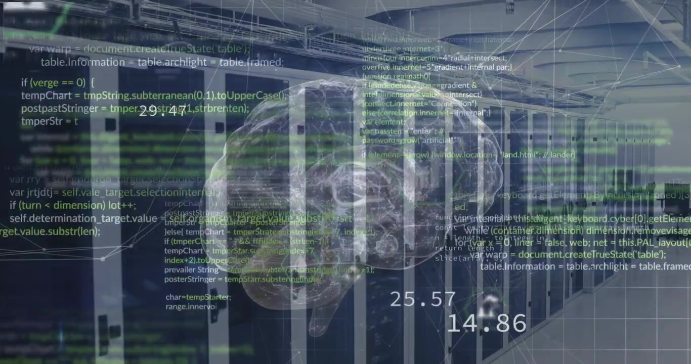 Animation of brain, icons and data processing over servers